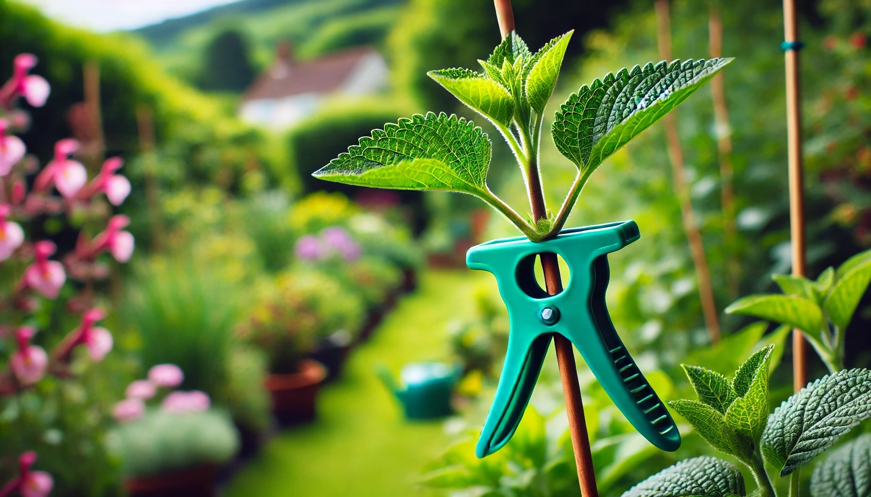 植物の茎を支柱に固定するために使われている緑色の園芸クリップ