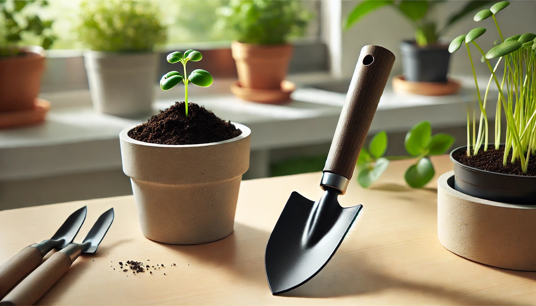 新しい土が入った鉢植えの隣に置かれた、軽量で使いやすい園芸用スコップ