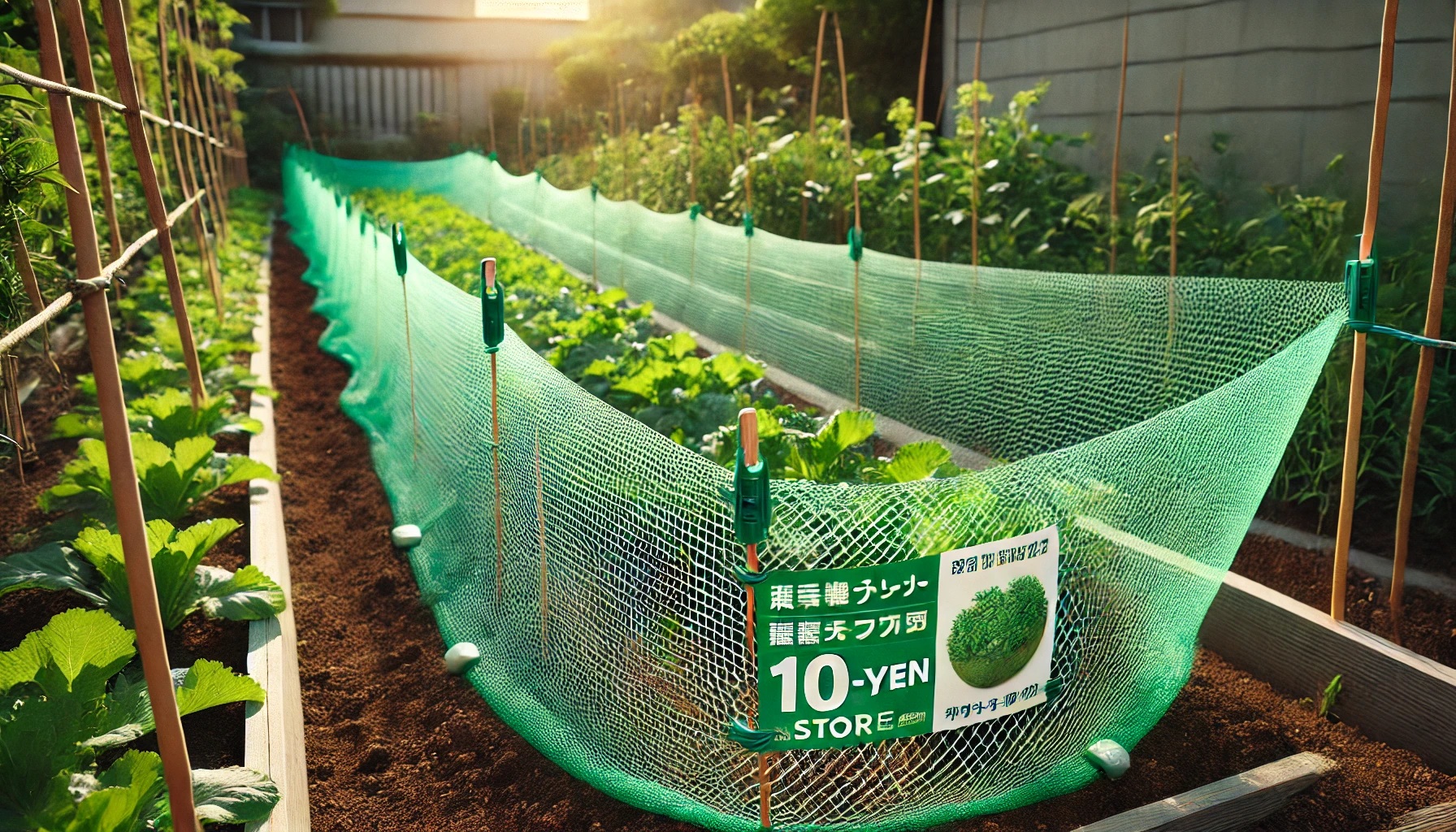 野菜畑を保護するために設置された緑色の園芸ネットと、それを固定する支柱やクリップ