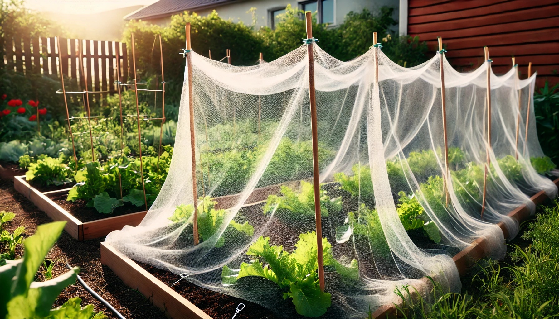 野菜畑を白い防虫ネットで覆い、植物が保護されている庭の風景