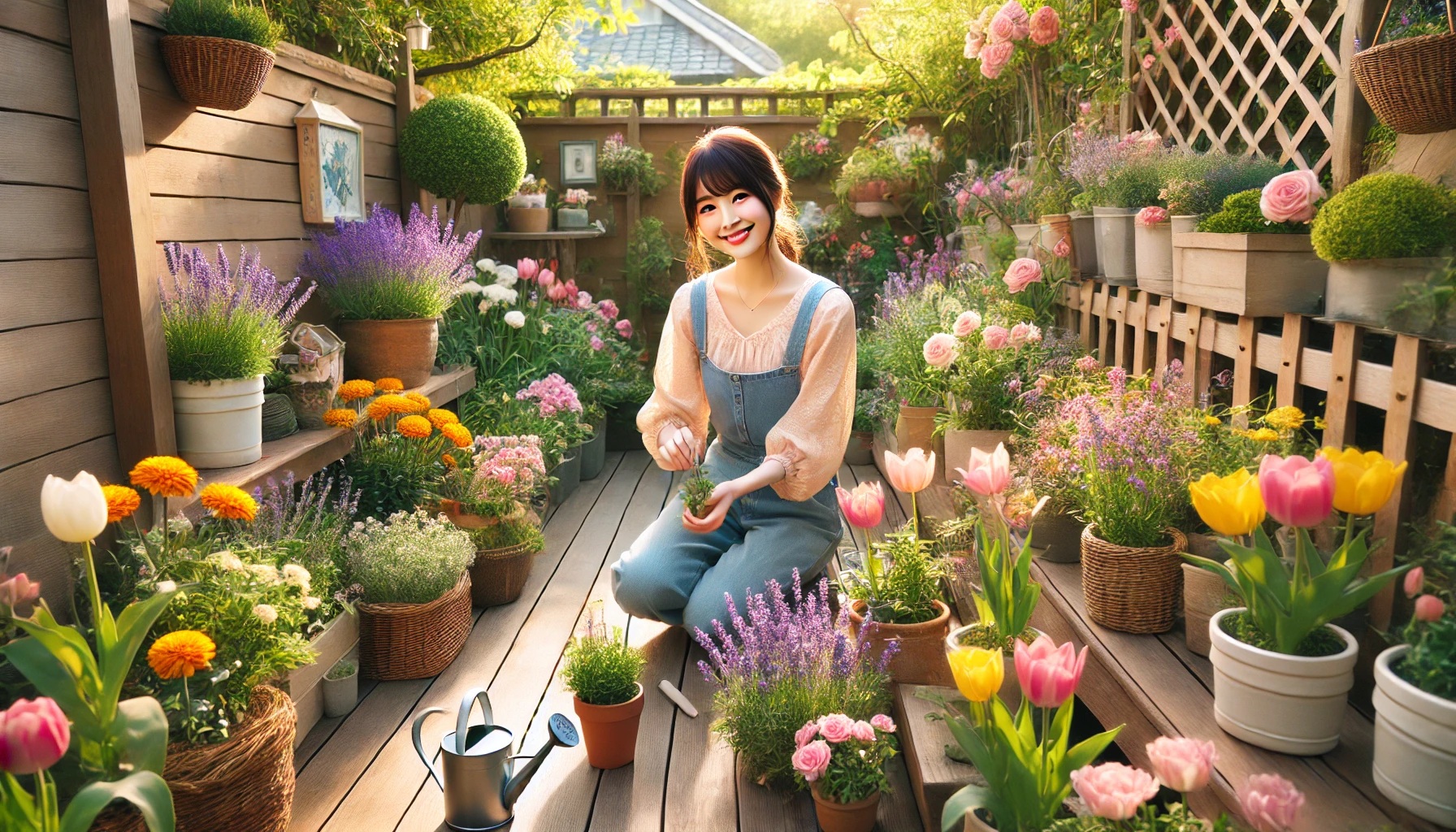木製デッキの上で、カラフルな花々を手入れする若い日本人女性。チューリップやラベンダーなどが咲き誇る小さな庭で、ガーデニングを楽しむ様子。背景にはシンプルな木製フェンスと柔らかな日差しが差し込む緑豊かな空間が広がる。