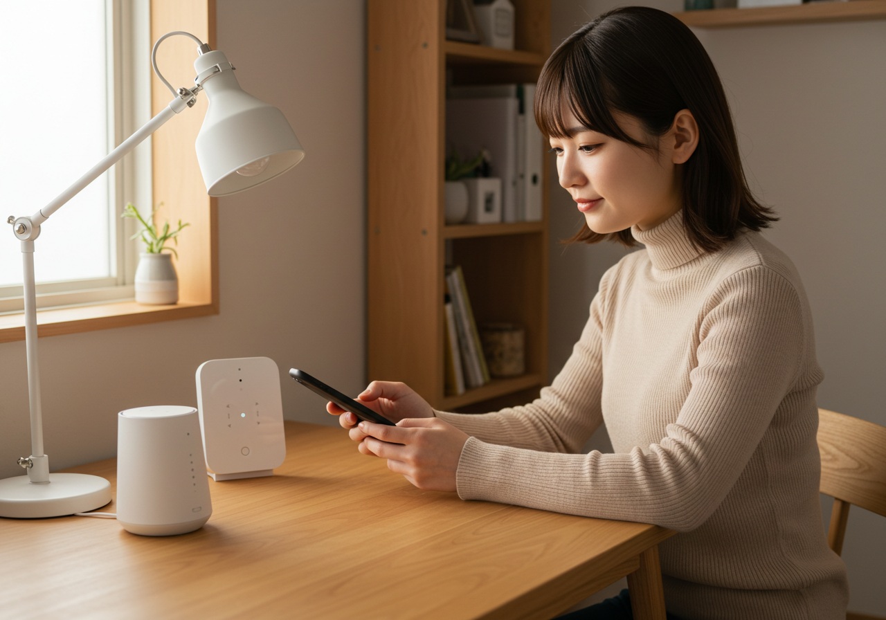 A modern Japanese woman in her early 20s sitting at a neat wooden desk in a cozy apartment. She is attentively setting up a smart device hub using her smartphone, with a white smart home hub (non-branded) and a small smart speaker on the desk. She has a focused, calm expression. Warm natural lighting filters through the window. The atmosphere is clean, tidy, and tech-friendly. Ensure there is no text in the image.