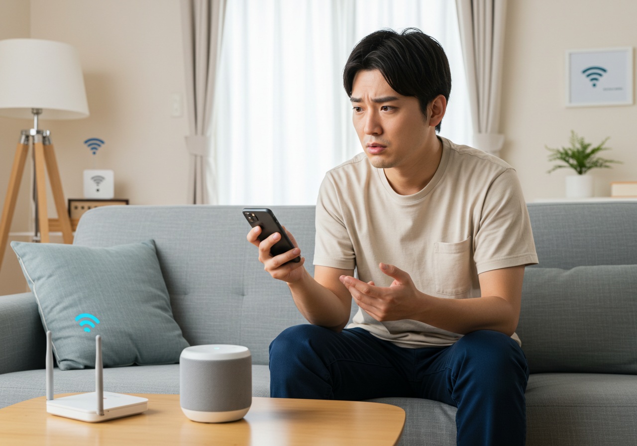 A frustrated young Japanese man in casual homewear sitting on a sofa, holding his smartphone with a confused look while glancing toward a small smart speaker on a nearby table. In the background, a Wi-Fi router and a smart hub device are visible. The lighting is soft and natural, and the room has a lived-in but organized feel. No text or branding in the image.