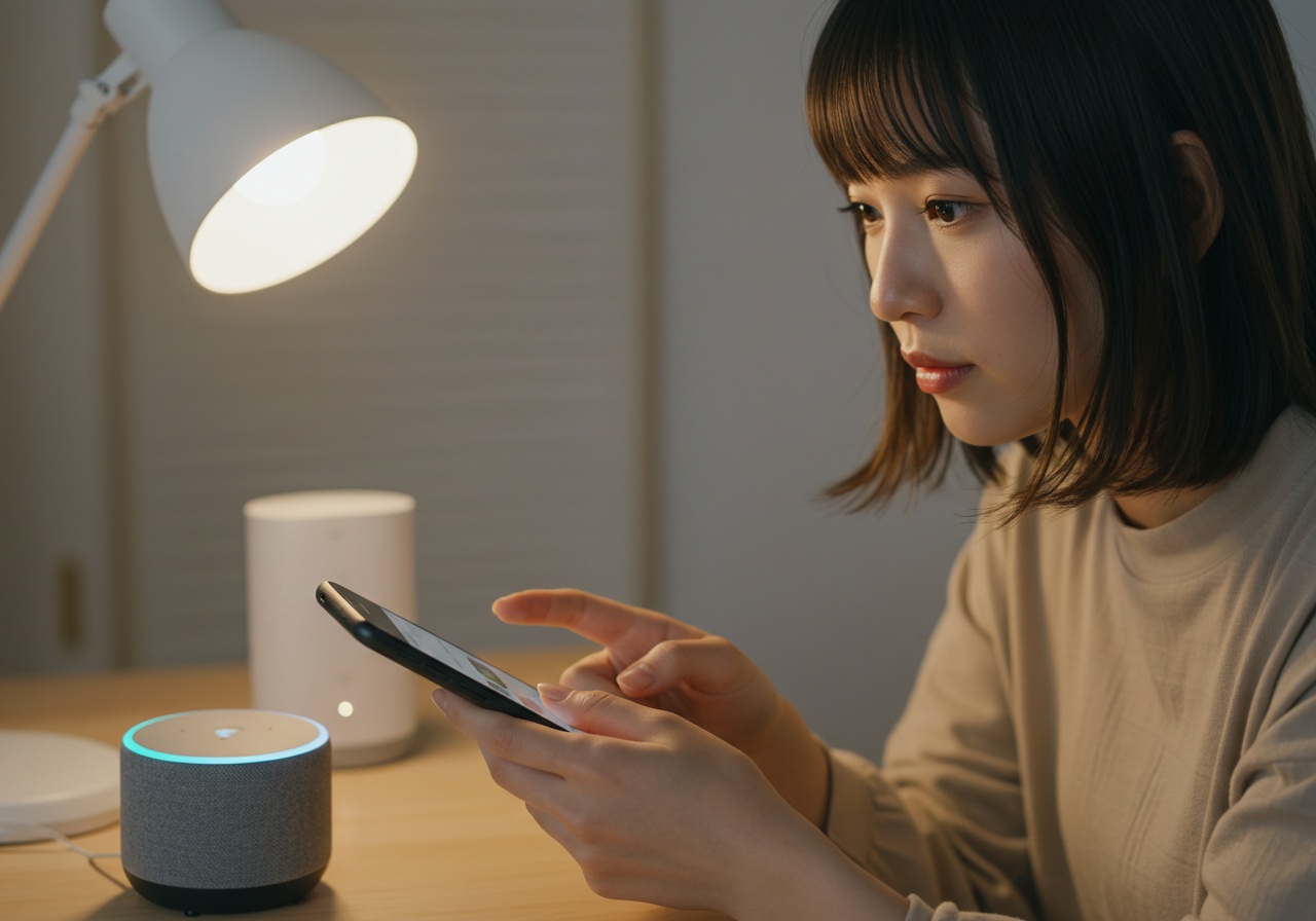 A close-up photo-style image of a young Japanese woman checking settings on a smartphone screen, with a smart speaker and smart hub device nearby. Her face is partially visible, focused and thoughtful. The background shows a clean tech-friendly home desk with soft lighting. The scene conveys careful verification of smart device connections. No text, logos, or brand names.