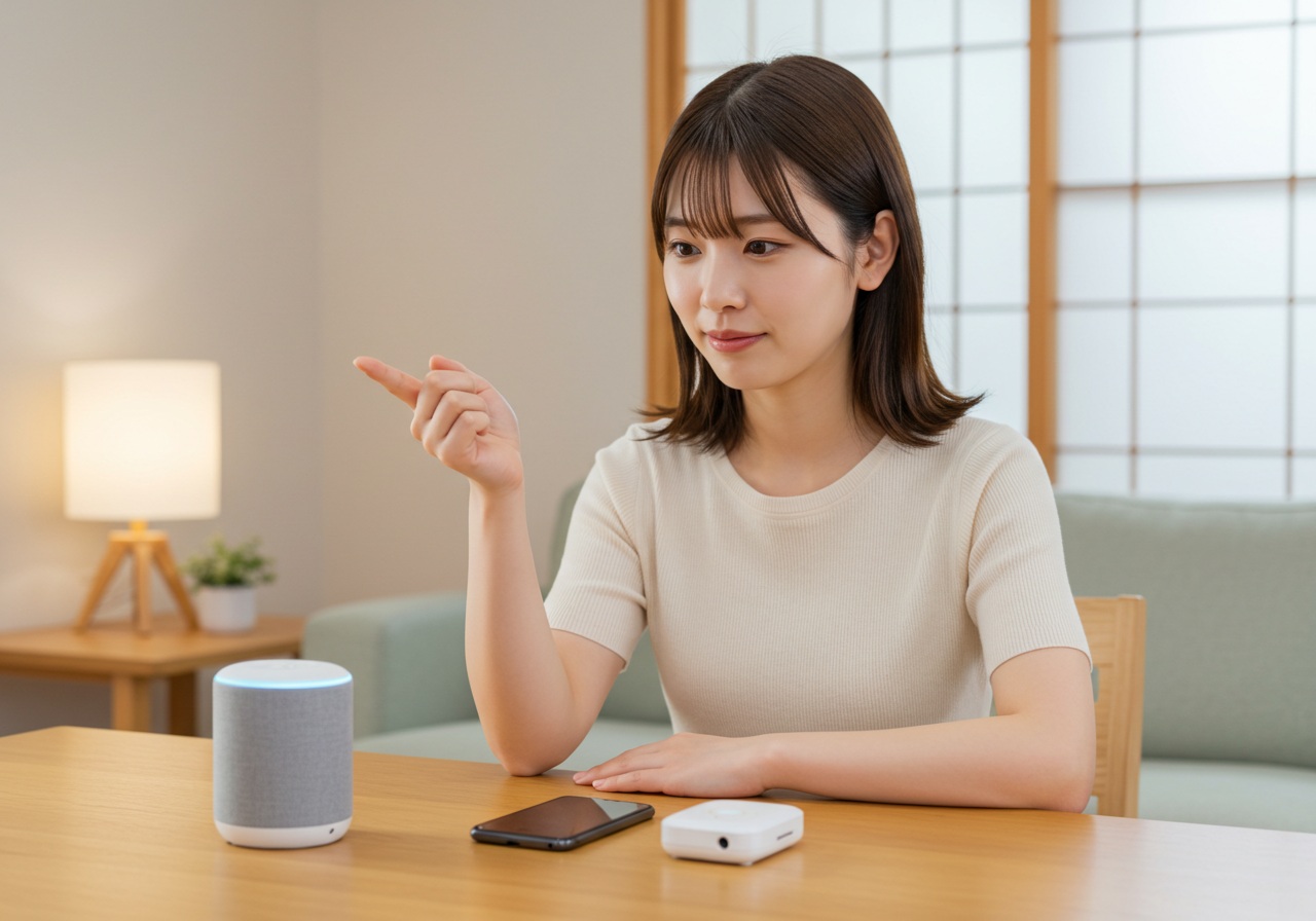 A young Japanese woman giving a voice command to a smart speaker placed on a desk. She has a calm and slightly puzzled expression, as if testing or troubleshooting. A smartphone and a small smart hub are placed nearby. The background is a clean, minimalist Japanese-style living room with soft natural light. No text or logos should appear.