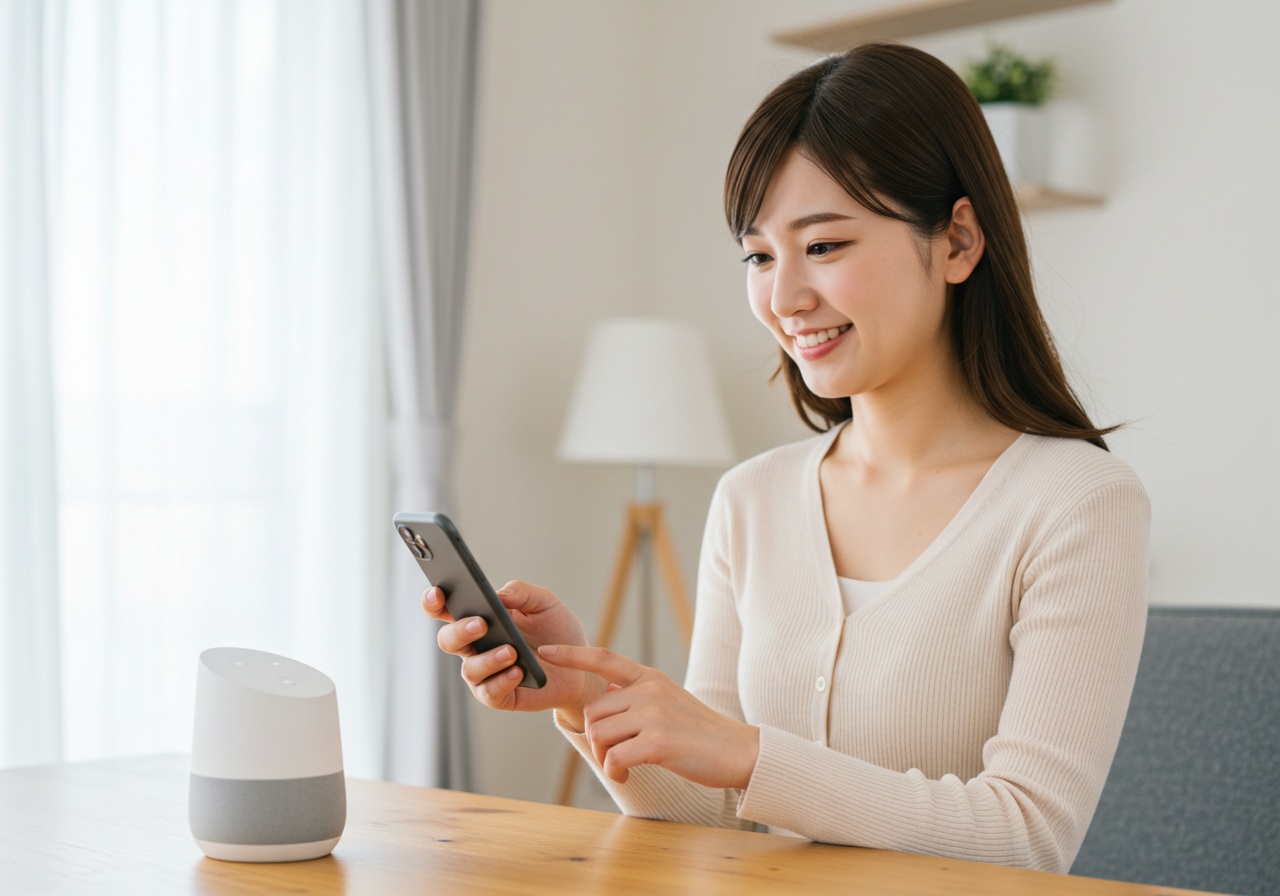 A cheerful Japanese woman in her early 20s using a smart speaker (similar in shape to a Google Home Mini) on a desk, while holding a smartphone with a visible home automation app (no text). She is standing casually with a relaxed smile, showing satisfaction. The background is a bright and tidy modern living space. Avoid any branding or text.