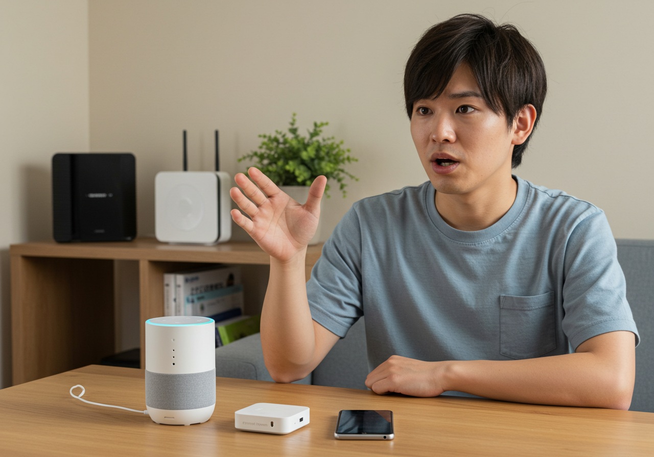 A young Japanese man in his 20s standing near a smart speaker and speaking a voice command with a confused expression. A small smart hub and smartphone lie nearby on a table. The background includes a router and home tech shelf. Lighting is natural, and the environment is modern and tidy. The image should reflect a troubleshooting moment, with no text or branding included.
