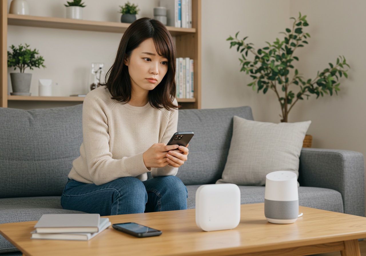 A photo-realistic image of a modern Japanese apartment living room in soft natural daylight. A young Japanese woman in her 20s, with clear skin, shoulder-length dark brown hair, and a casual home outfit (light knit top and jeans), sits on a low sofa, holding a smartphone in one hand while looking confused but focused at a small smart home device on the table in front of her. The device resembles a generic smart hub, with no visible logos. Her eyebrows are slightly furrowed and lips parted, expressing mild frustration. A Google Home–like speaker and other nondescript smart gadgets are also visible nearby. In the background, a tidy bookshelf, potted plant, and minimalistic décor suggest a tech-friendly home. Keep the overall composition clean, realistic, and free from any visible text or branding. The atmosphere should communicate a relatable tech troubleshooting moment.