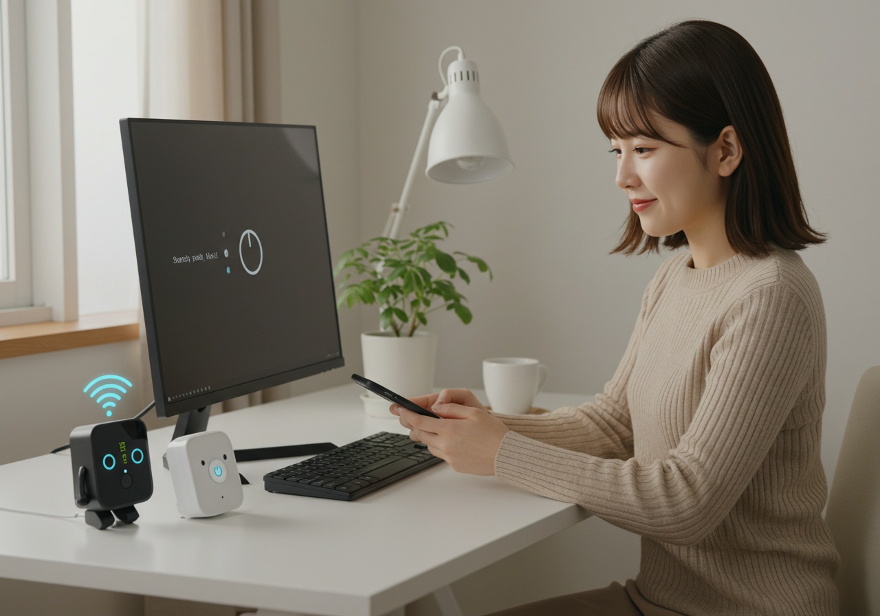 A realistic, high-resolution photo-style image showing a cozy modern home workspace with a stylish, cute young Japanese woman in her early 20s sitting at a clean white desk. She is smiling calmly while operating a smartphone in one hand, and in front of her is a desktop PC with the monitor turned off—indicating remote power control. A small smart device resembling a SwitchBot is subtly placed on or near the PC’s power button area. A wireless temperature sensor (simple and generic-looking) is also visible near the monitor. The background includes soft natural lighting from a nearby window, a simple potted plant, and minimalistic decor that suggests a calm tech-savvy lifestyle. Her laptop is slightly opened beside the monitor, hinting at integration with Windows or macOS apps. The mood is warm, intelligent, and approachable. Do not include any brand names, logos, or text in the image. Maintain a clean and professional layout suitable for tech blogs.