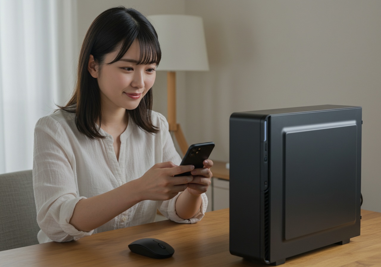 A high-resolution photo-style image of a modern Japanese woman in her 20s, sitting at a tidy home desk while holding a smartphone. She is smiling softly and looking at the phone screen, appearing focused yet relaxed. On the desk, a desktop PC with a sleek black case is visible, and her other hand rests gently near the mouse. The background is a minimalist room with soft natural lighting and modern decor. No visible brand names, logos, or text. The image should clearly show the concept of operating a PC remotely via smartphone.
