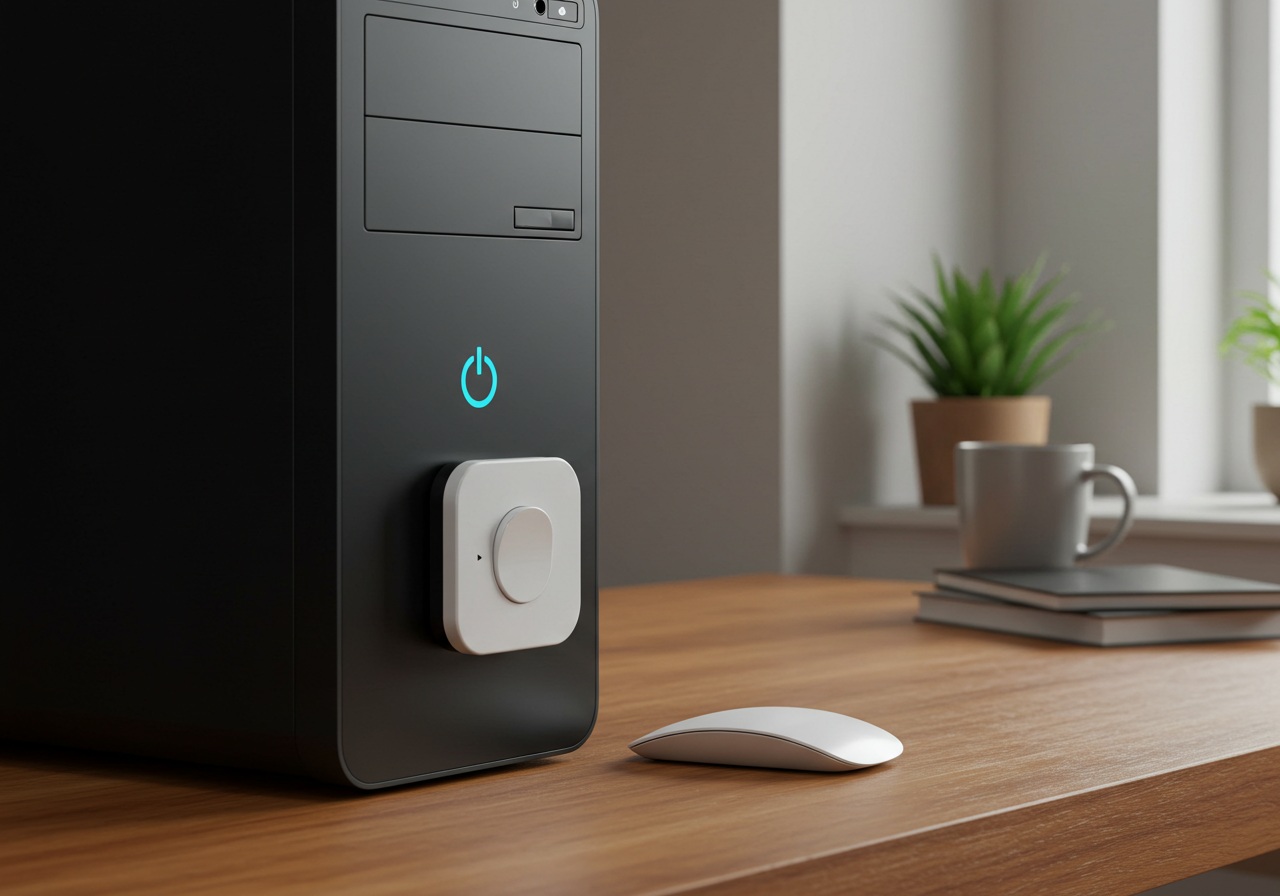 A clean, realistic photo-style image of a desktop computer with a visible power button, set on a modern wooden desk in a home office setting. A compact, nondescript device resembling a smart switch is gently placed near the power button, hinting at automation. The lighting is soft and natural, and the room includes elements like a houseplant and a coffee mug to imply a comfortable environment. No logos or text. The image should suggest that smart tools can physically interact with desktop PCs.