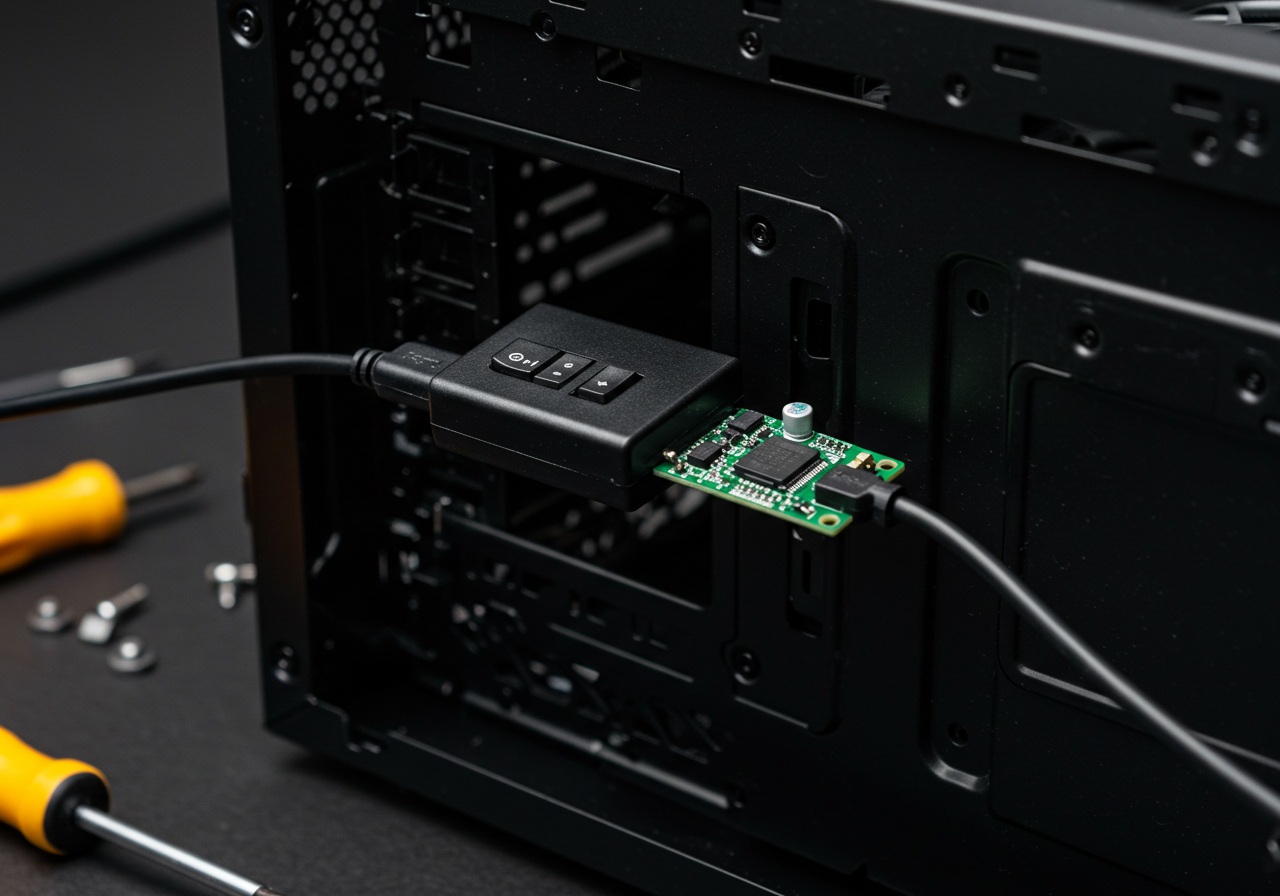 A close-up, photo-realistic image of a USB-powered smart switch device connected to the motherboard of a desktop PC case, with the side panel open. The environment is a clean tech workspace with good lighting and a visible screwdriver or tool nearby. The focus should be on the USB cable connected to a small electronic switch module inside the PC. Avoid brand names or logos. The image should clearly illustrate the idea of controlling PC power through a USB-connected device.