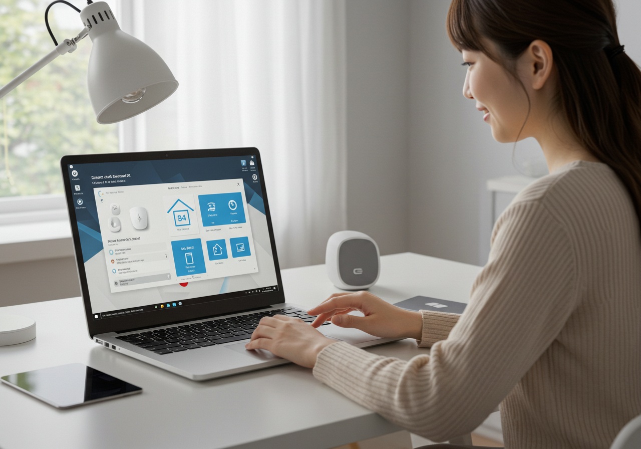 A realistic image of a Windows laptop on a clean desk, displaying a generic smart home control interface on its screen (without actual text). A young Japanese woman in her 20s sits beside the laptop, interacting with the trackpad while smiling slightly, implying easy use. The room is bright and modern, with tech-savvy elements like a tablet or speaker nearby. No logos, text, or brand names. The image should convey the concept of managing devices through a PC app in Windows.