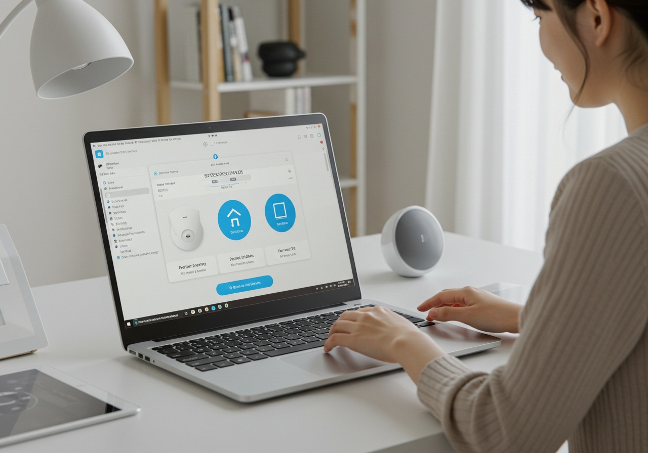 A photo-style image of a MacBook on a stylish white desk, with a modern Japanese woman in her 20s sitting in front of it. She is tapping on the touchpad and glancing at the screen with a calm, satisfied expression. The background includes a soft-lit room with pastel tones, plants, and minimal decor. The screen should imply a smart control interface without showing any actual text or icons. No branding or text. The image should represent using smart home features from a Mac.