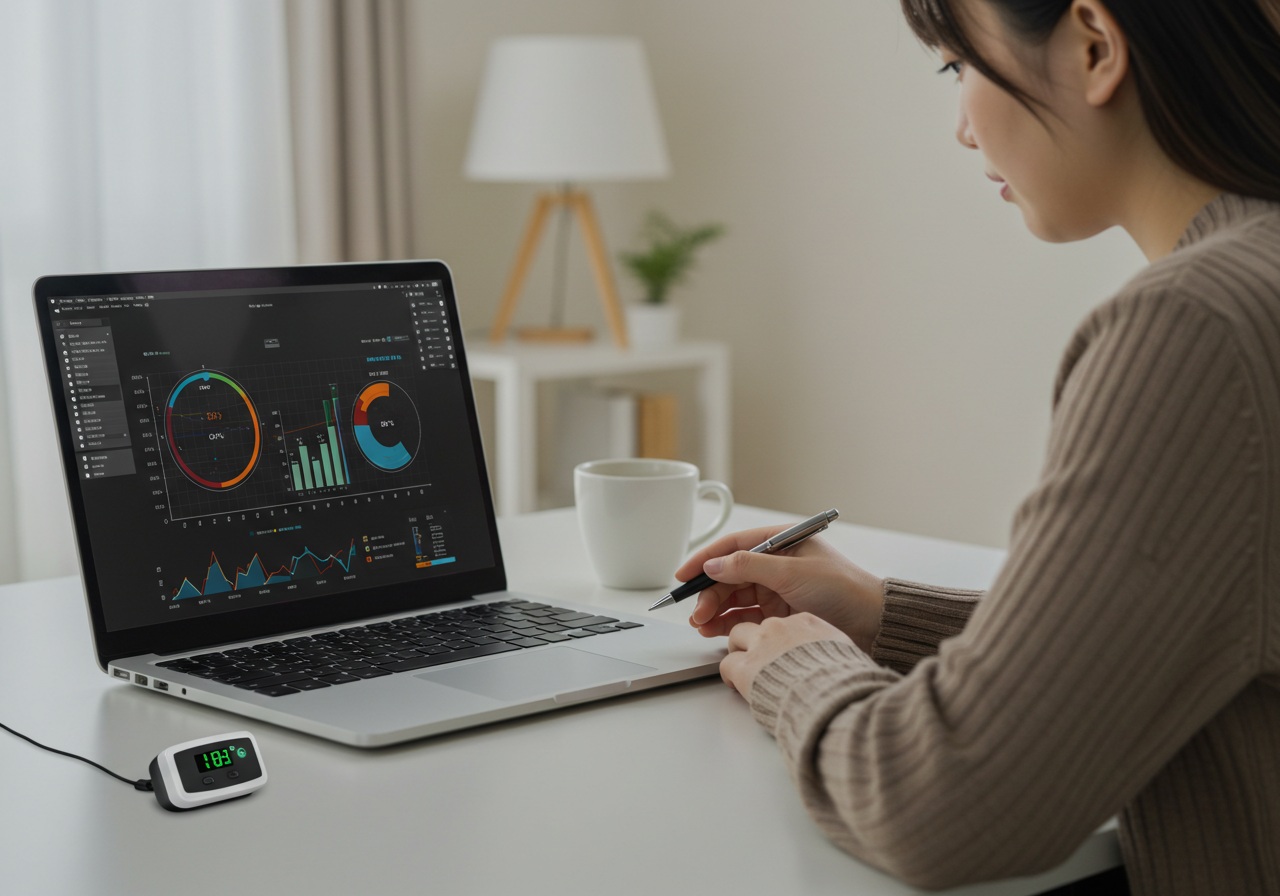 A high-quality image showing a small digital temperature sensor placed near a laptop on a clean desk. On the laptop screen, a stylized chart or graph (without real text) implies temperature data being monitored. A Japanese woman in her 20s is seated nearby, glancing at the data with interest. The room has a calm ambiance, suggesting a home office or tech workspace with soft lighting. No logos or text. The image should communicate the idea of PC-based environmental monitoring.
