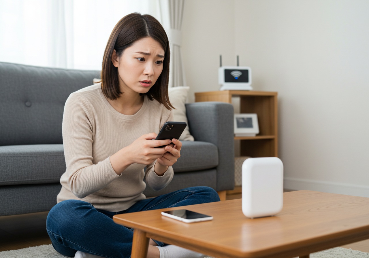 A frustrated young Japanese woman in her 20s sits cross-legged on a modern living room floor, holding a smartphone in one hand while glancing anxiously at a small white smart device on a low table. Her expression shows concern, with slightly furrowed brows and parted lips. The background includes a Wi-Fi router on a shelf, subtly out of focus. The room is softly lit with natural light coming from a window. Scene is realistic and clean, with no text or logos.