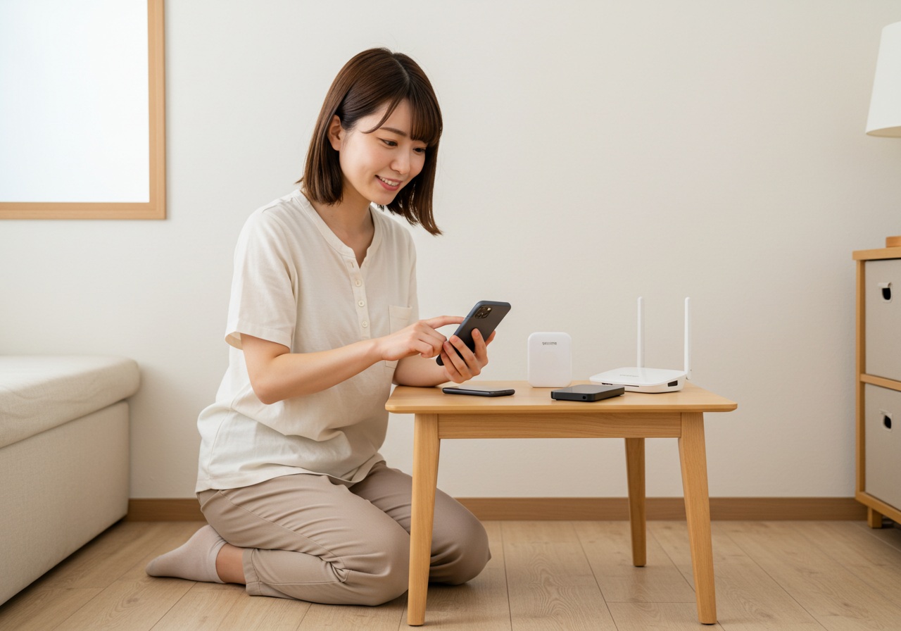 A cheerful young Japanese woman in casual homewear is seen kneeling at a small table, attentively interacting with a smartphone screen. Beside her, a small smart device and a Wi-Fi router are neatly arranged. She smiles softly with a look of focused satisfaction. The room has a minimalist, tidy interior with warm lighting, emphasizing a calm and modern home environment. No text or logos present.