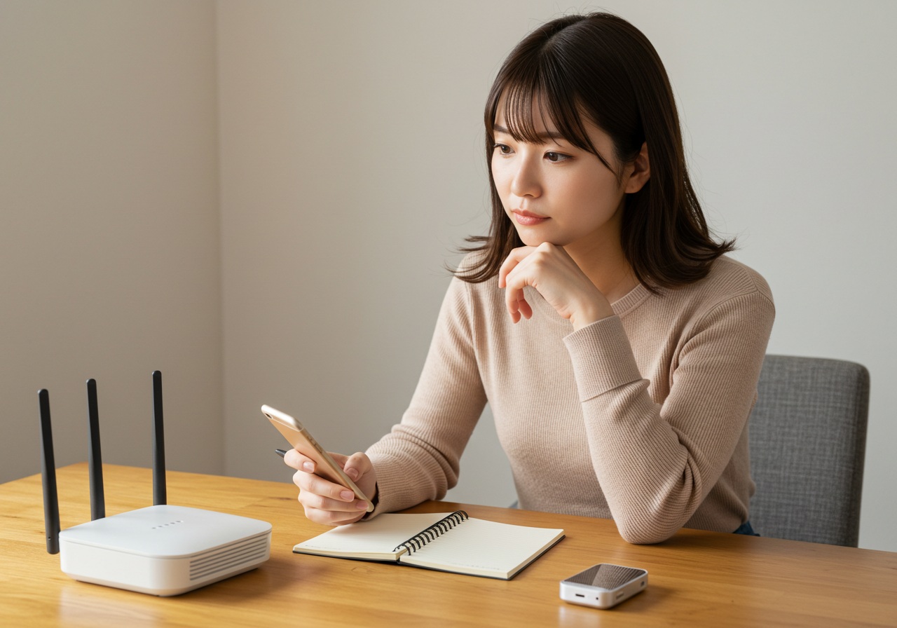 A young Japanese woman with a thoughtful expression sits beside a wireless router on a wooden desk. She’s holding a notebook in one hand and a smartphone in the other, appearing to compare network details. A small smart device is placed nearby. Her outfit is relaxed but stylish, and the lighting is natural with a home-office ambiance. The composition is clean and realistic, free of text or branding.