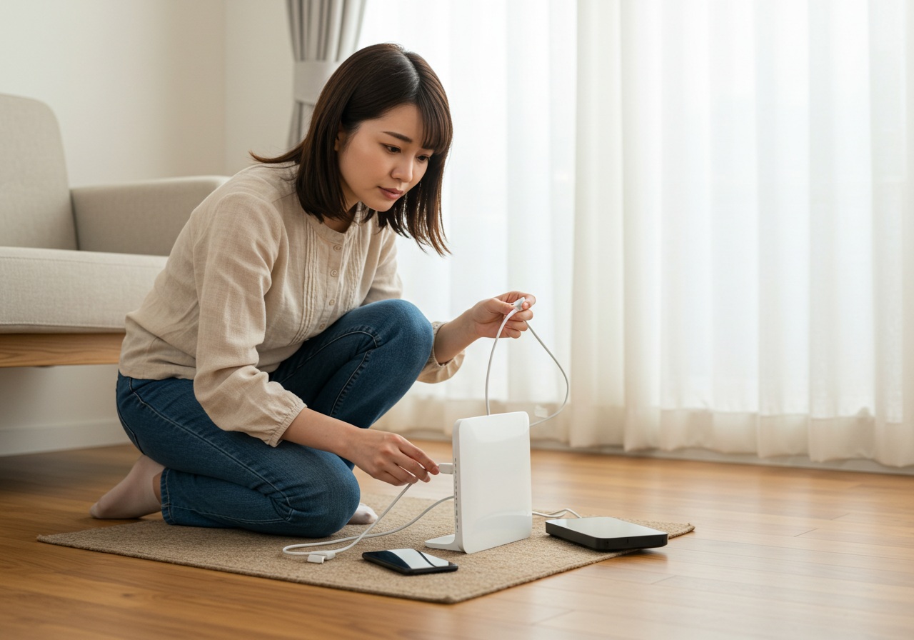 A young Japanese woman is crouched near a Wi-Fi router, inspecting the cables with slight confusion on her face. A smart device and her smartphone lie nearby on a floor mat. The scene is set in a bright, tidy apartment with wooden flooring and soft daylight. Her posture suggests careful troubleshooting. No words or brand names are visible.
