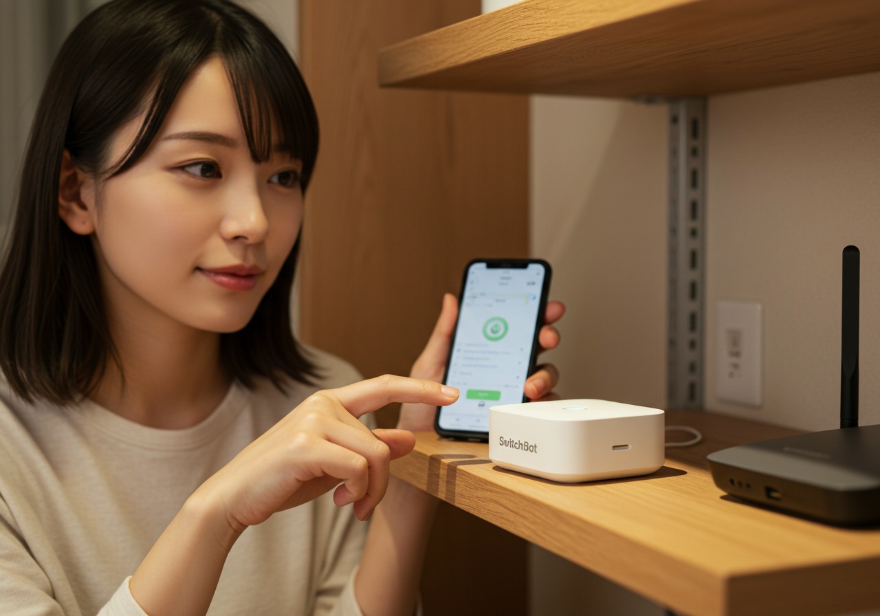 A close-up of a young Japanese woman pressing a small button on a white smart hub device (resembling a SwitchBot Hub Mini) placed on a wooden shelf. Her expression is calm and focused. In the background, a phone screen with a blurred app interface and a nearby Wi-Fi router can be faintly seen. Lighting is warm, and the room has a cozy, clean design. Image is natural, brand-free, and wordless.