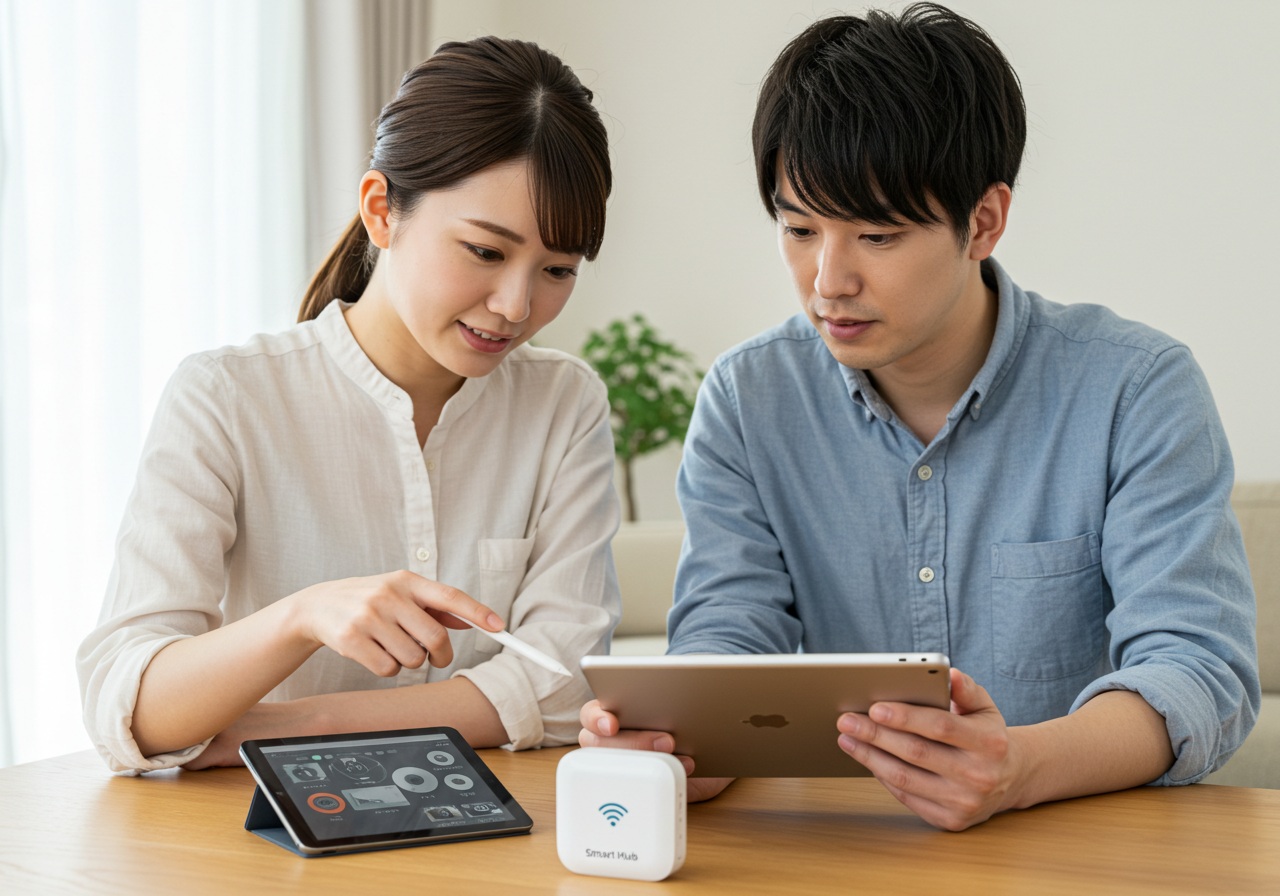 A young Japanese man and woman work together at a table, reviewing settings on a tablet while a small, rectangular smart hub device sits between them. The woman is pointing at the screen with a pen, and the man is nodding with mild concern. The atmosphere is cooperative and technical, suggesting a step-by-step setup process. The background includes subtle home tech elements without logos or text.