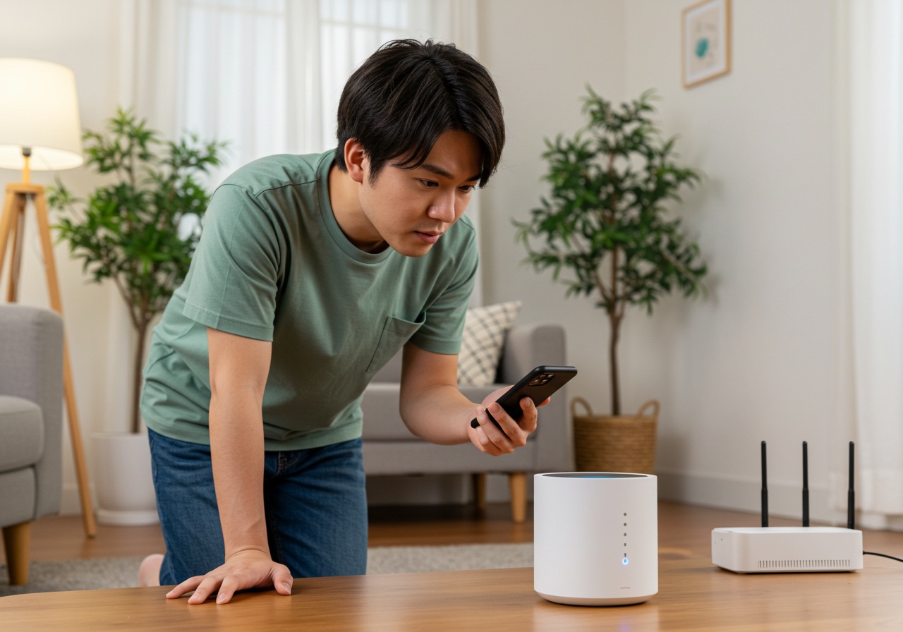 A young Japanese man in casual homewear leans forward toward a smart hub device with a puzzled expression. His smartphone screen shows a generic “offline” icon (blurred, with no text), and he’s visibly trying to reconnect the device. The background includes a tidy living room with a router and houseplants. Lighting is soft and realistic. No text or brands present in the scene.