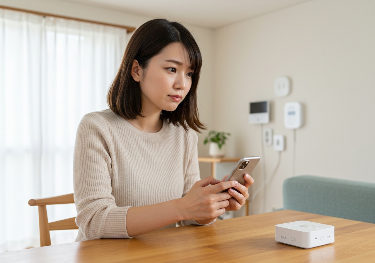 A modern Japanese woman in her 20s sitting at a wooden desk in a bright, clean living room, looking puzzled while checking her smartphone. A small home automation hub and smart home devices are visible in the background. Her expression shows slight confusion and curiosity as she browses the app settings. The room has natural lighting with tidy minimalistic decor. No text, no logos.
