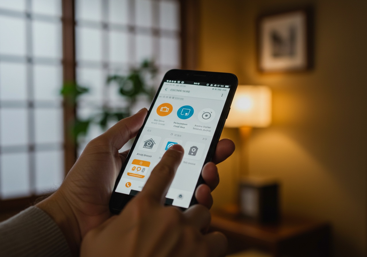 A close-up view of a hand holding an Android smartphone in a cozy Japanese-style room, the user swiping through the settings menu with a focused expression. A blurred-out interface of a home automation app is visible. Soft natural light enters from a nearby window, and there is a plant in the background. No text, no brand names, no logos.