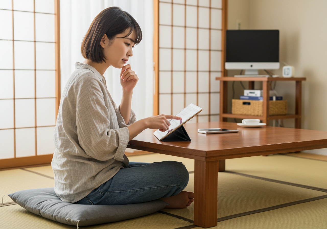 A Japanese woman in casual homewear sitting on a low table floor cushion, holding a tablet with a smart device screen open. She has a thoughtful expression while adjusting device settings. The background shows a tidy, well-lit Japanese apartment with visible tech gadgets. The mood is calm and introspective. No text or logos in the image.