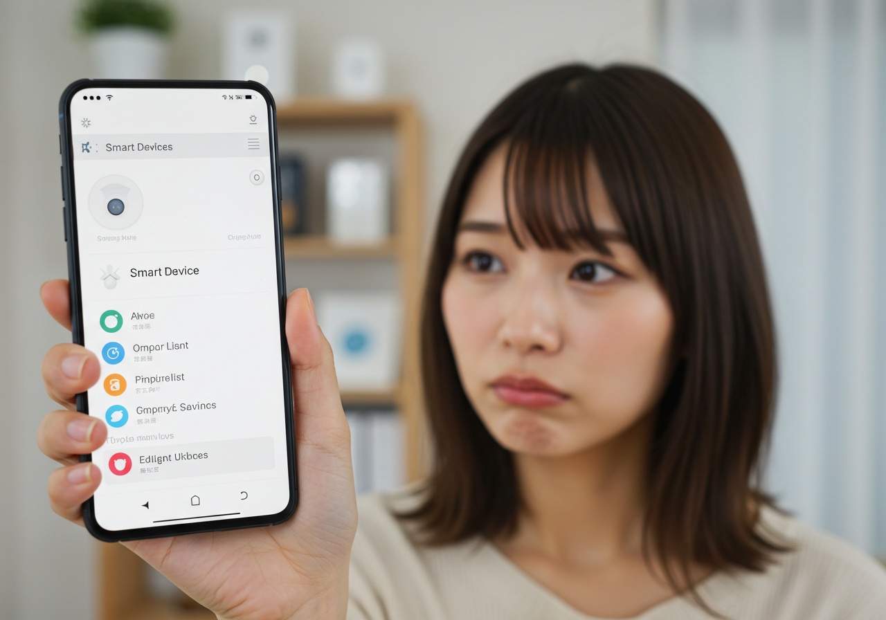 A close-up image of a smartphone screen held by a young Japanese woman with a confused look. The phone shows an empty smart device list, while she looks at it with one eyebrow raised. The background is softly blurred, showing indoor decor and smart gadgets like sensors and mini hubs on a shelf. Natural window light, no text, no logos.