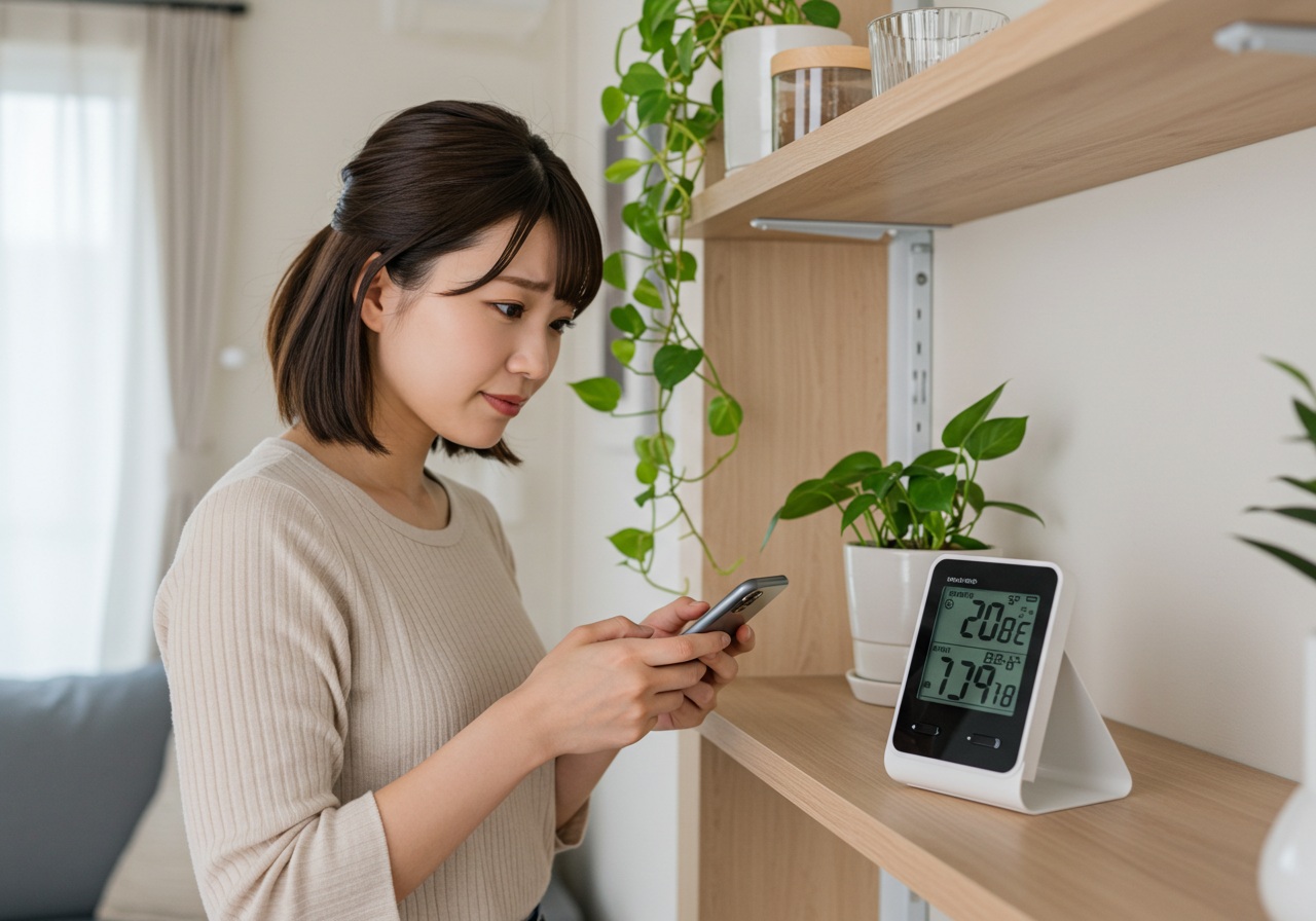 A modern Japanese woman standing beside a digital thermometer-hygrometer on a shelf, checking her phone with a slightly frustrated expression. The room is bright, with clean walls, indoor plants, and soft wooden furniture. Her pose shows mild concern as she taps the phone screen. Focus on device, woman, and ambiance. No text or logos.