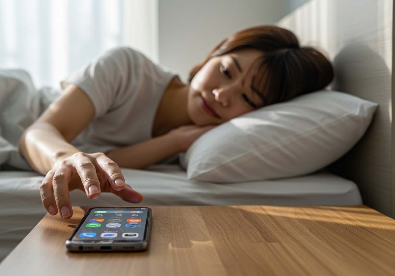 A modern Japanese woman lying in bed in early morning light, reaching for her smartphone on the bedside table. The phone is partially visible with a lock screen UI blurred. She looks relaxed but focused, with soft lighting coming from the window behind. Clean bedroom setup with a subtle tech aesthetic. No logos, no visible text.