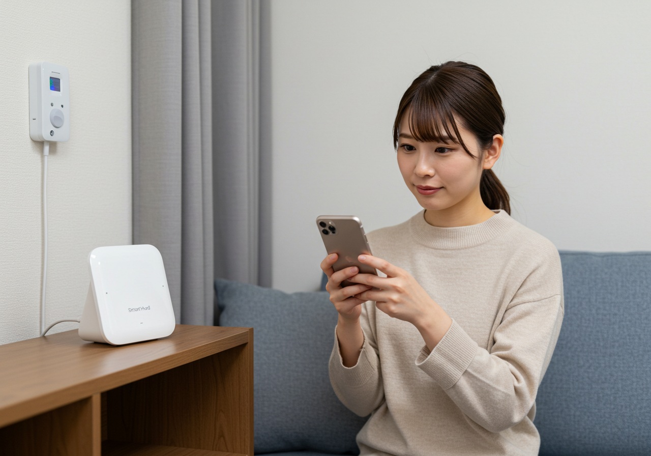 A neatly arranged Japanese living room with a smart hub (unbranded, minimalistic design) on a shelf and a modern Japanese woman looking at her smartphone with a mildly curious expression. In the background, a smart curtain and temperature sensor are subtly visible. She seems to compare features, sitting on a sofa with relaxed posture. Natural soft lighting, no text or brand marks.