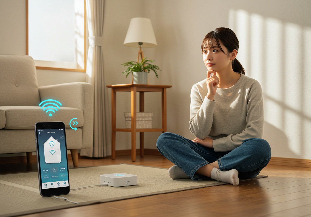 A realistic photo of a modern Japanese apartment interior with a smart device setup including a small hub and a smartphone displaying a home automation app screen (blurred). A young, cute Japanese woman in casual homewear is sitting on the floor with a puzzled look, holding her smartphone in one hand and touching her chin thoughtfully with the other. Natural lighting from a window highlights the cozy, minimal room. No text or logos.