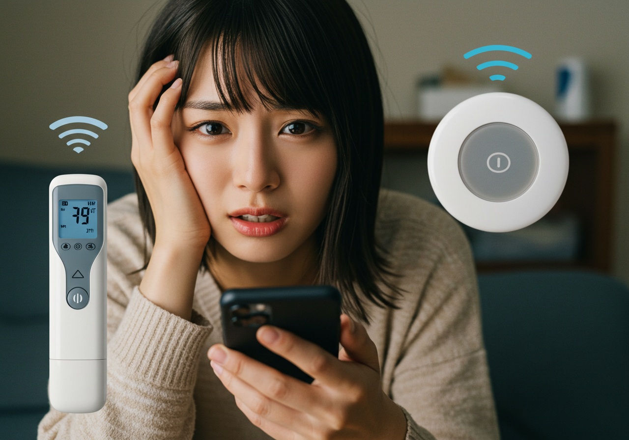 A high-quality photo-style image showing a close-up of a young Japanese woman’s hand holding a smartphone, with a visible expression of mild frustration. In the background, a digital thermometer and smart button device are slightly out of focus. The environment looks like a lived-in living room, naturally lit, with no visible brands or text.