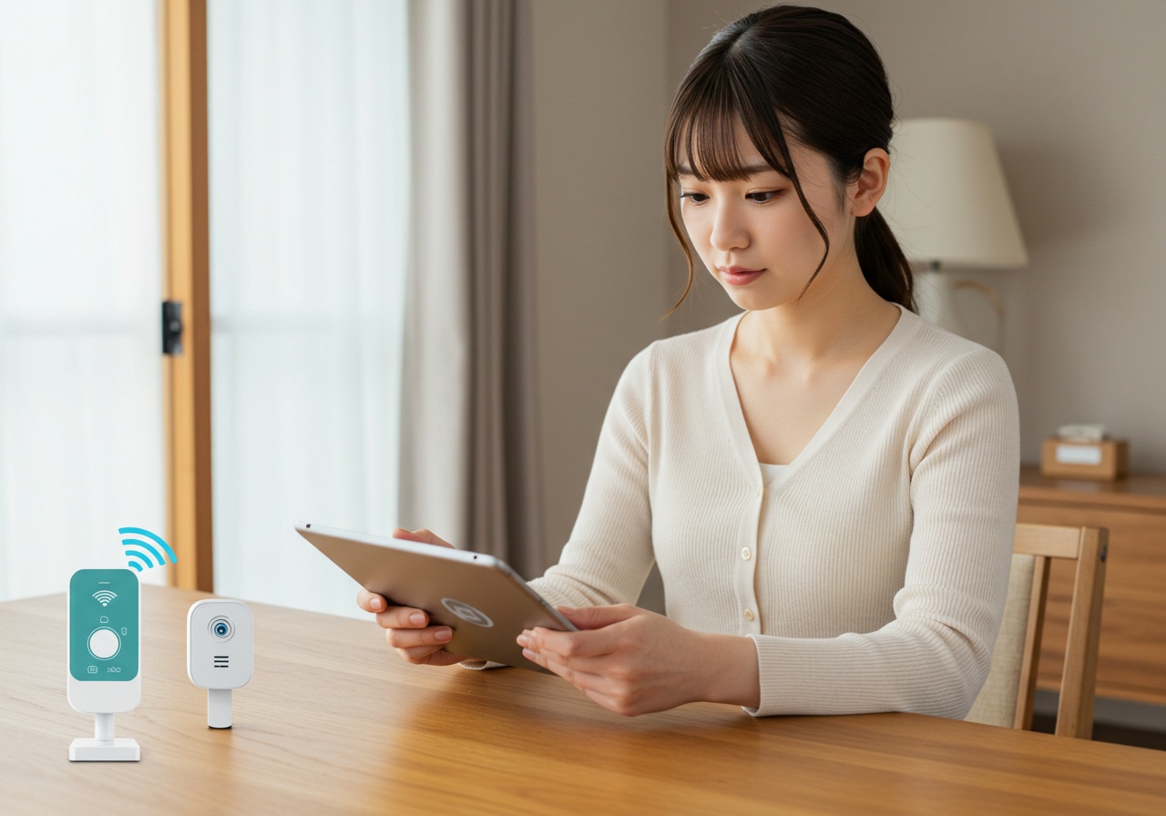 A photo-realistic image of a young Japanese woman adjusting settings on a tablet or smartphone, with a serious and focused expression. She is seated at a wooden desk with a digital sensor and smart curtain controller nearby. Background shows a neatly organized modern room with natural daylight. No text or corporate branding is present.