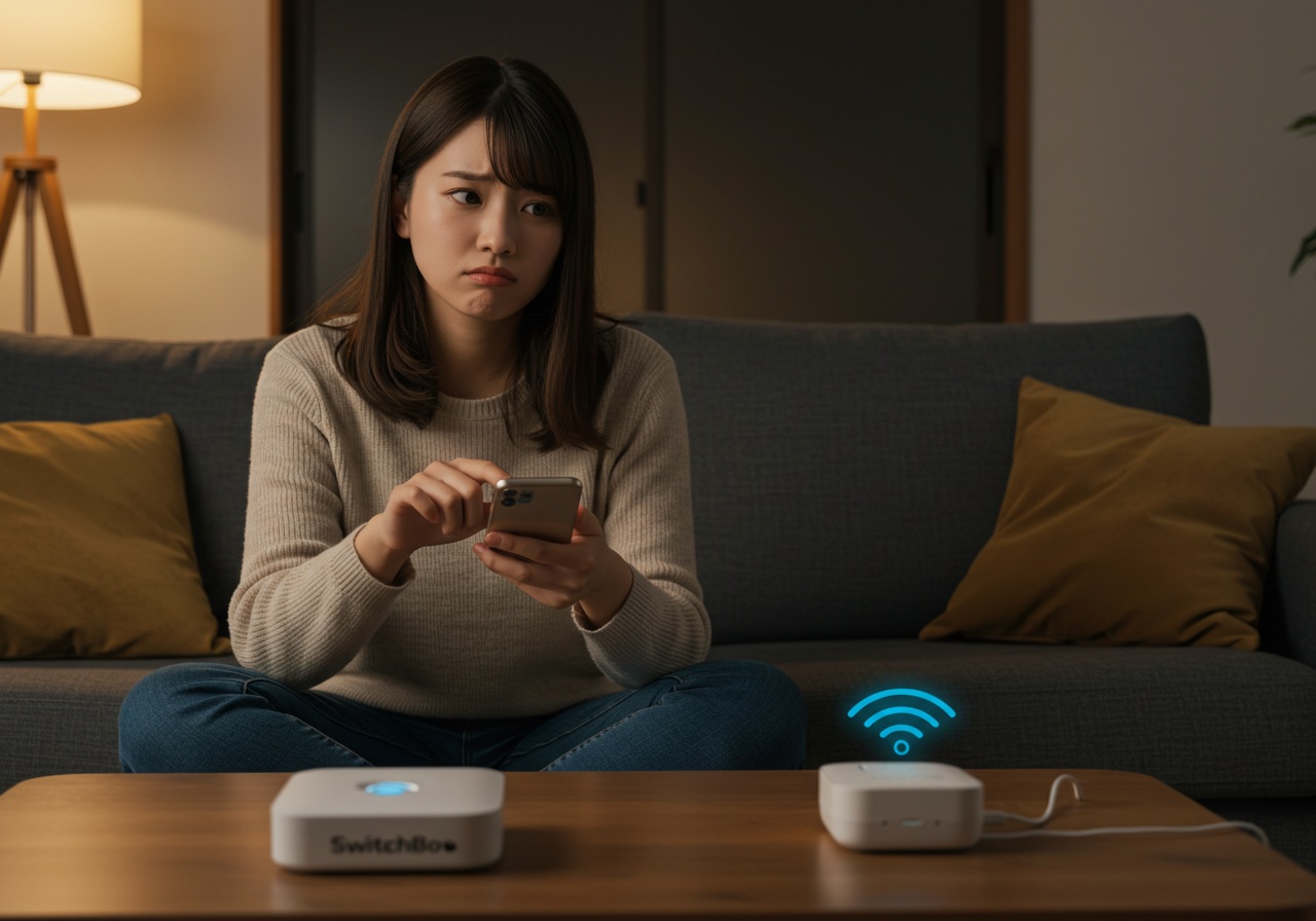 A realistic photo-style image of a young Japanese woman sitting cross-legged on a couch, looking confused while tapping on her smartphone. Her expression is slightly puzzled, eyebrows raised. On the coffee table, a SwitchBot-style hub and temperature sensor are visible. The lighting is soft and warm, giving a calm but slightly technical atmosphere. No text in the image.