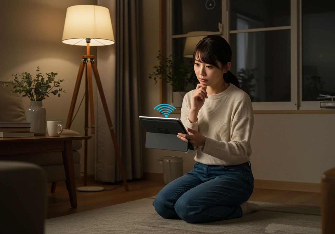 A realistic indoor photo scene of a Japanese woman kneeling on the floor, checking a smart home app on her tablet. Her expression is thoughtful, as if testing a setting. Behind her, a window with curtains and a nearby standing lamp (both connected to automation) are visible. The room is tidy, softly lit, and technology-focused. No words or logos included.