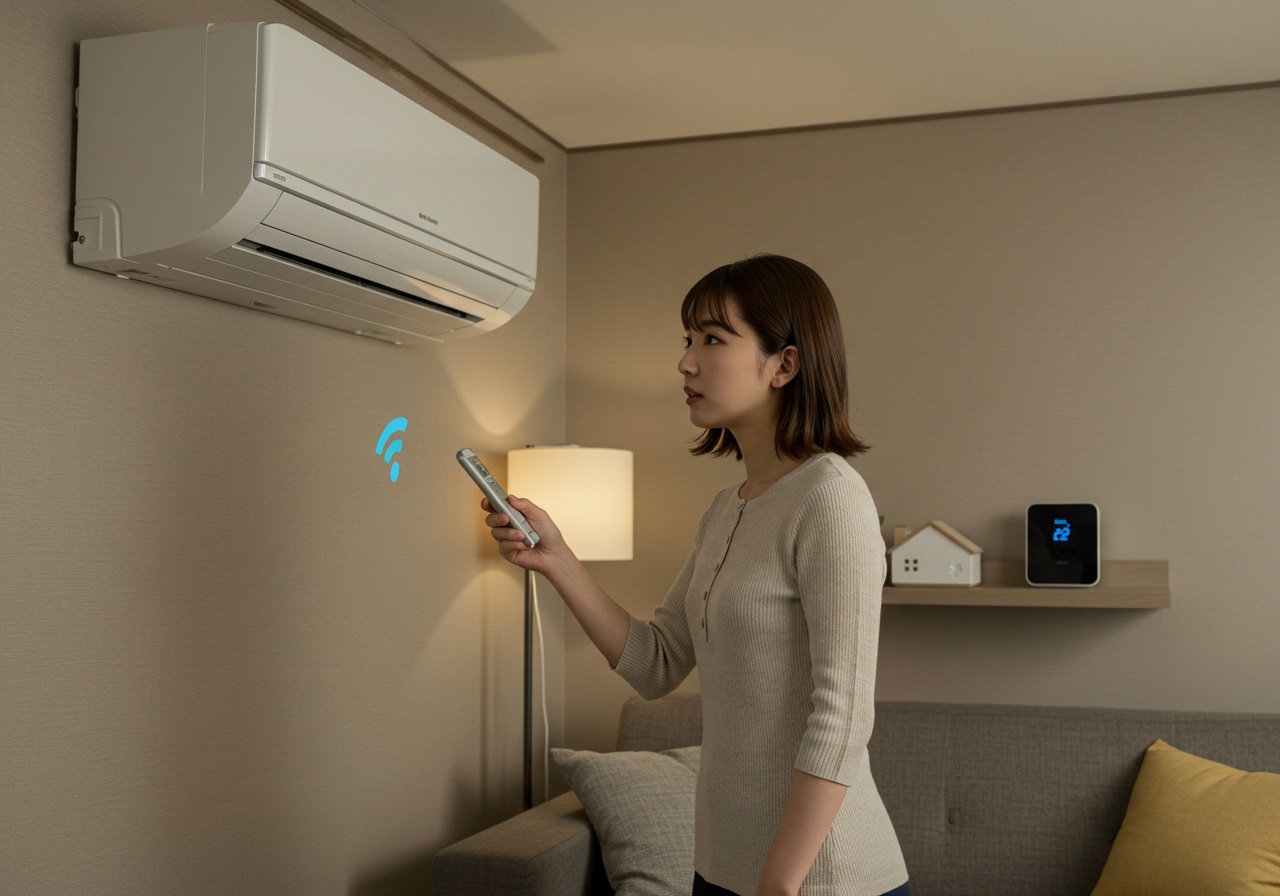 A high-resolution photo-style image of a Japanese woman pointing a remote-like device or smartphone toward a wall-mounted air conditioner, with a look of curiosity or slight confusion. The room has neutral tones, a sofa, and a smart home device on a shelf nearby. Air conditioner is generic and unbranded. Lighting is natural. No text or brand logos appear.
