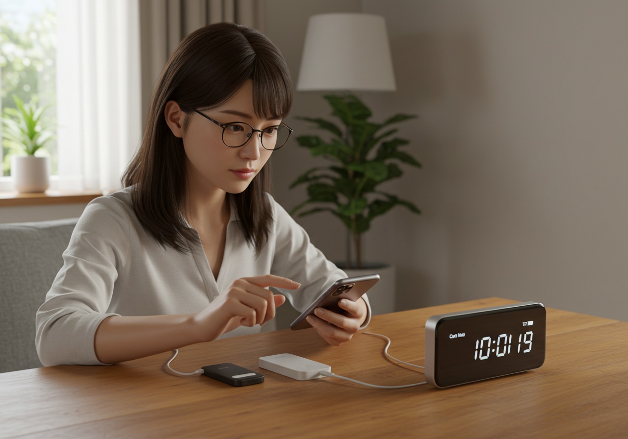 A realistic image showing a young Japanese woman syncing her smartphone with a smart device on a wooden table, checking the time with a digital clock next to her. She wears glasses, looking carefully at the screen. The setting is a well-lit morning scene in a clean, minimalist apartment. No logos, brands, or text present in the image.