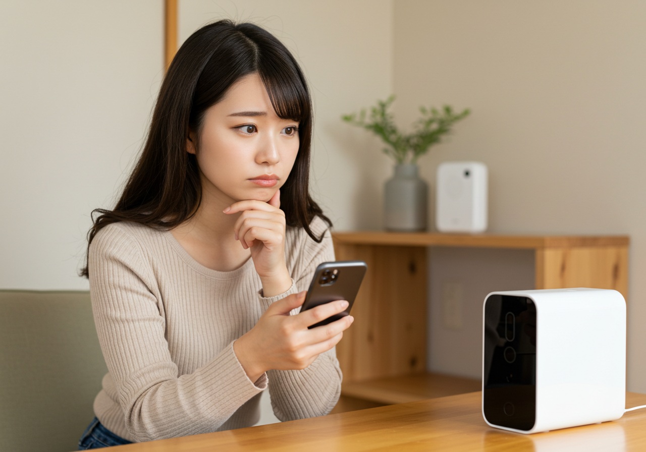 A young, modern Japanese woman sits in a cozy room with a puzzled look, holding a smartphone and looking at the screen with concern. Behind her, a small smart device (generic design) sits on a shelf with no visible lights. The background includes a tidy, softly lit interior with natural colors, giving a calm but slightly confused atmosphere. She gently touches her chin as if thinking about a solution. No logos or text appear in the scene.