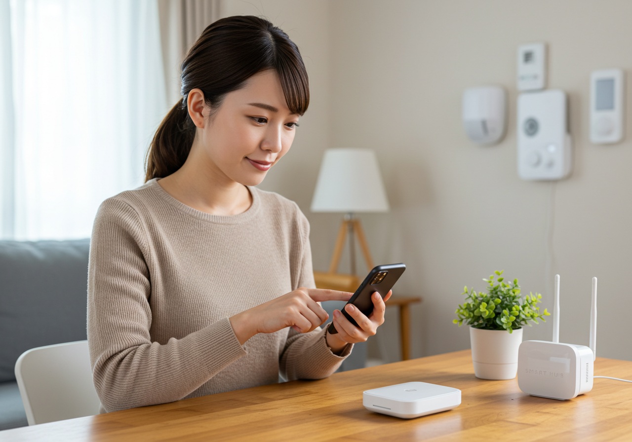 A young Japanese woman in casual smart-home attire is shown sitting at a desk while setting up a smart device using her smartphone. She has a calm and focused expression as she taps on the screen. On the desk are a simple smart hub device and a small plant. The background is a clean, well-lit living room with Wi-Fi router and other home devices subtly visible. The scene suggests ease and clarity in the setup process.