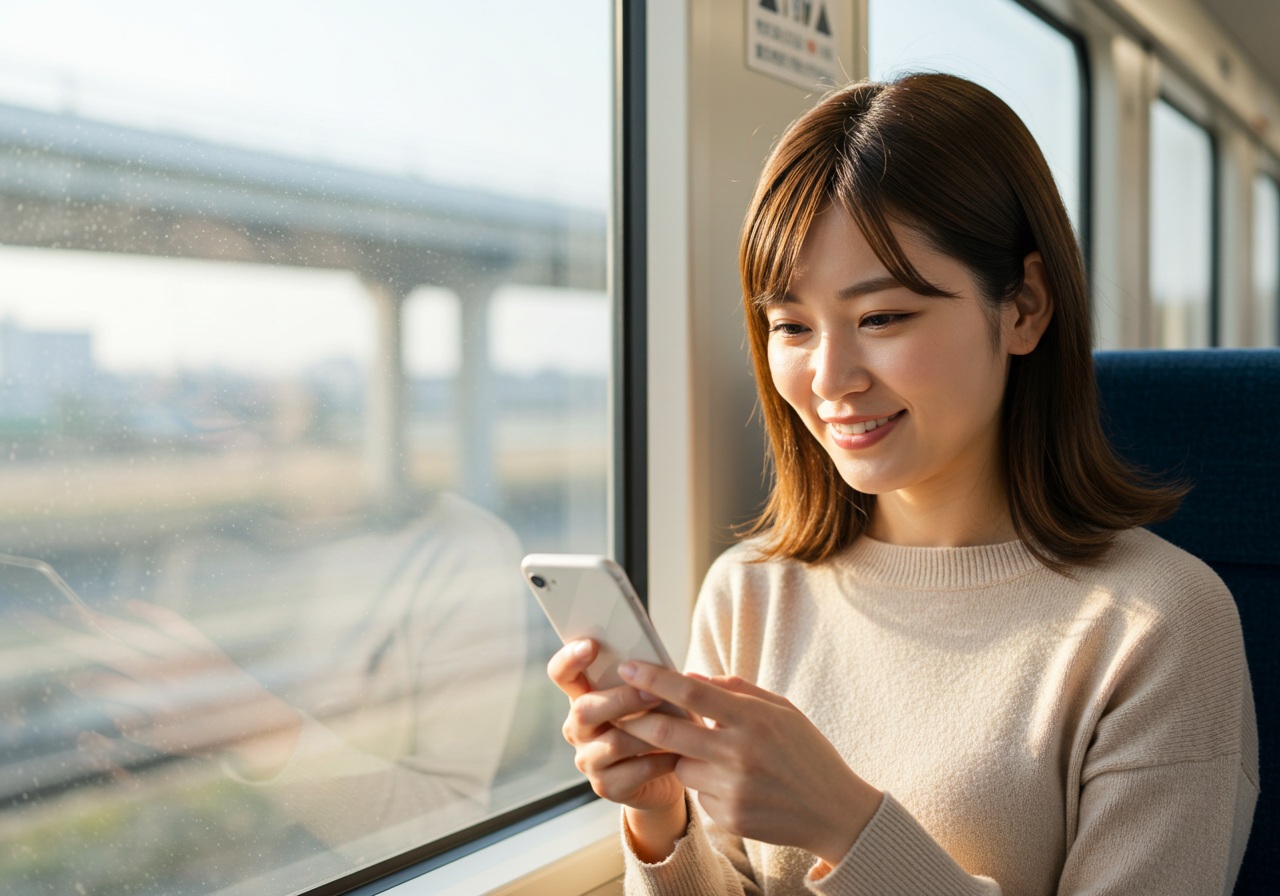 A cheerful Japanese woman checks her smartphone while sitting near a window in a modern train, sunlight casting a soft glow on her face. Outside the window, a blurred landscape suggests movement. She smiles slightly, confirming something on her screen. Her expression is relaxed, conveying remote control success. The image emphasizes portability and connectivity across locations without any text or branding.