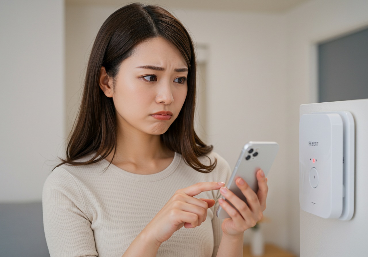 A young Japanese woman looks at her smartphone with a mildly frustrated expression while standing near a home smart device. Her eyebrows are slightly furrowed, and she seems to be troubleshooting. The room is softly lit, with tech devices nearby. She is touching the reset button on the device gently. The scene conveys a calm effort to fix an issue, avoiding dramatic emotion.