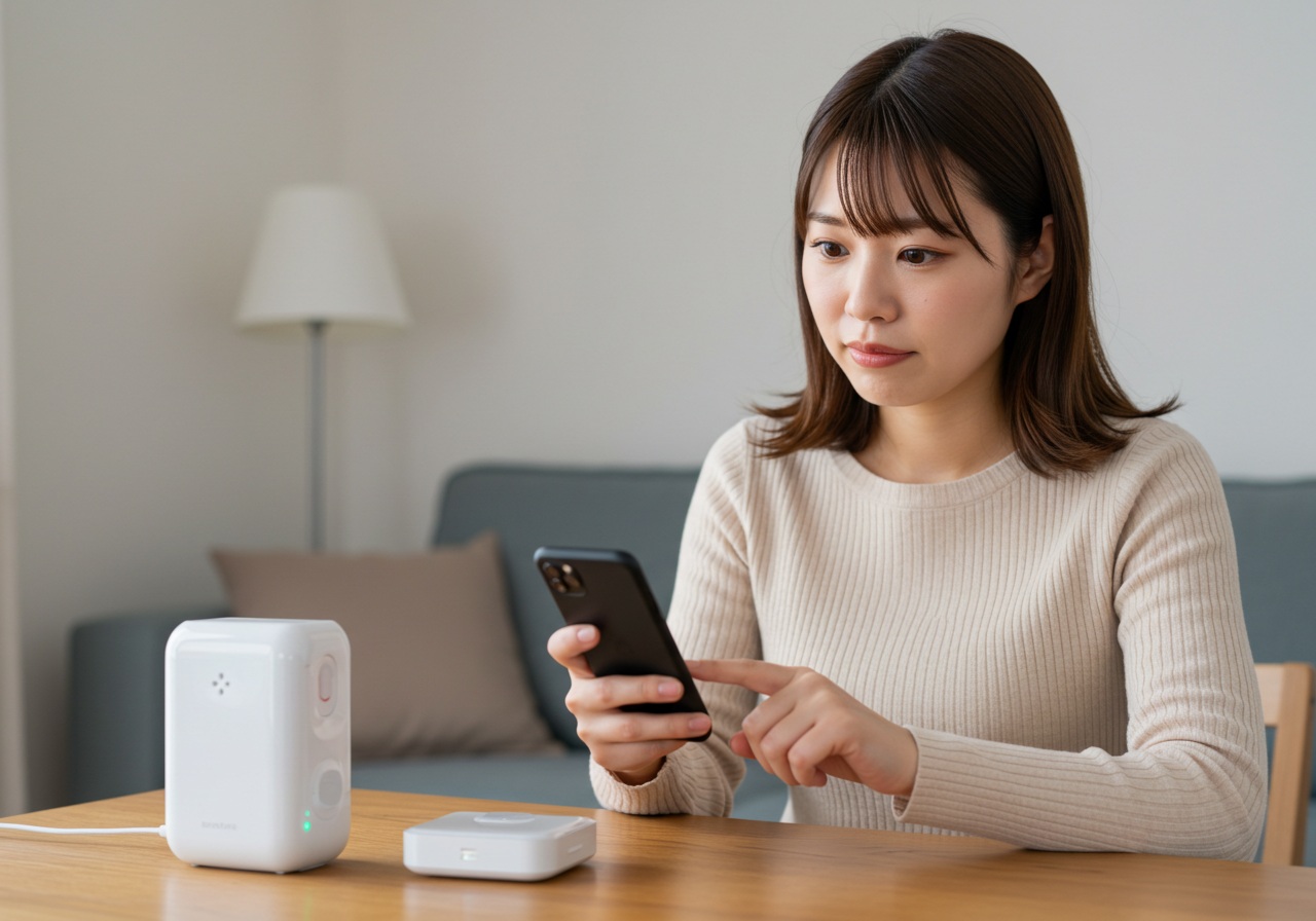 A modern Japanese woman sits at a desk in a living room, checking the settings on her smartphone. A smart device nearby has an indicator light turned off. Her expression shows mild concern as she scrolls through settings. She leans slightly forward with her phone in one hand and her other hand hovering near the device. The lighting is soft and natural, suggesting a troubleshooting scene.
