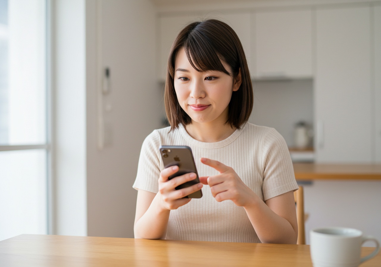 A young Japanese woman sits in a room at night with a dimly lit Wi-Fi router in the background. She is looking at her smartphone with a serious expression, checking network settings. The mood is realistic and thoughtful. She sits near a smart device, holding a cable or adapter in one hand, showing she is trying to fix the issue calmly. No brand or text appears anywhere.