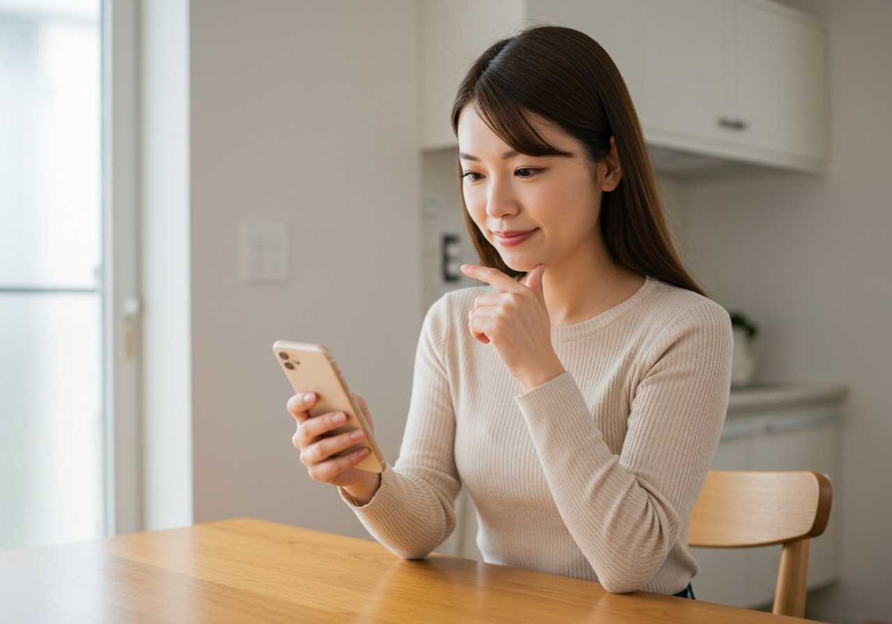 A friendly Japanese woman compares subscription options on her smartphone while sitting at a dining table. One hand is holding the phone, and the other is raised slightly in a thoughtful gesture. A modern home environment is in the background with soft daylight. Her expression is neutral, focused on choosing between free and paid options. No specific UI or text is visible on the phone screen.