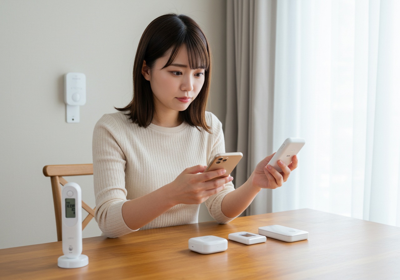 A clean, modern indoor room with a stylish wooden desk. A young, cute Japanese woman in her early 20s is seated at the desk, holding a smartphone in one hand and looking at a small white smart device with a puzzled yet focused expression. A digital thermometer and a smart curtain device are visible in the background. Her posture suggests she's trying to troubleshoot or reconnect the device. Natural daylight filters through sheer curtains. No logos or text in the image.