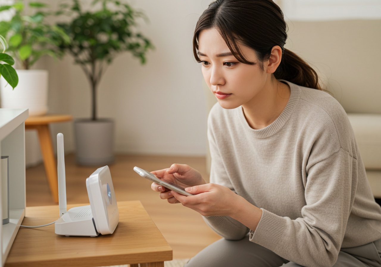 Close-up shot of a young Japanese woman checking a white smart device near a Wi-Fi router placed on a low shelf. Her eyebrows are slightly furrowed, and she holds a smartphone showing a settings screen. She's kneeling near the device, wearing comfortable homewear in soft lighting. The background includes plants and wooden flooring, suggesting a warm, lived-in space.