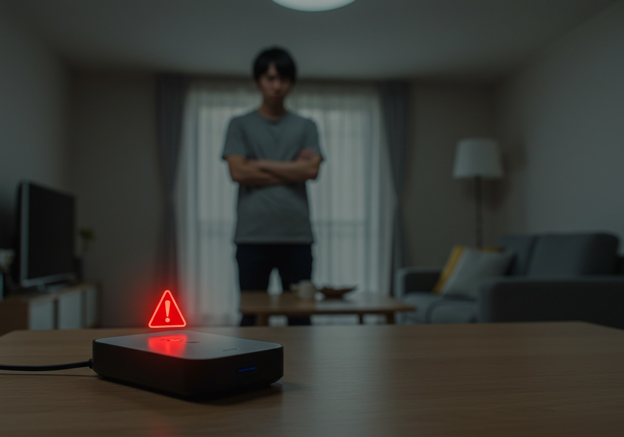 A small smart device placed on a table with a red warning light indicator glowing. In the background, a modern Japanese living room is slightly dim, and a young Japanese man in his 20s stands at a distance, arms crossed, looking concerned. The atmosphere conveys connectivity trouble without any visible text or brand marks.